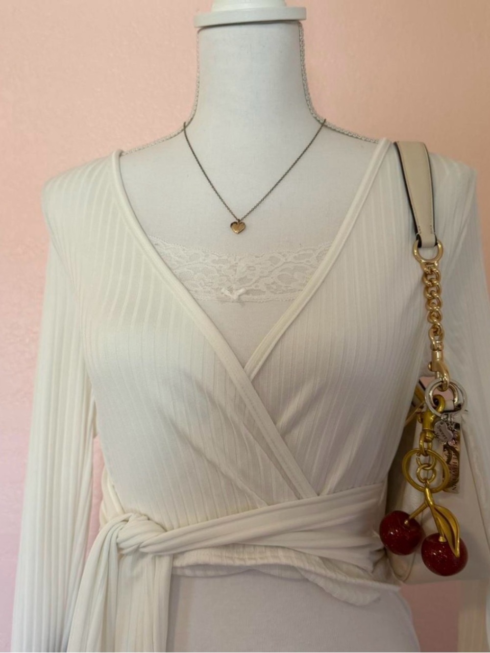 PrettyLittleThing Cream Ribbed Wrap Top with Lace Trim